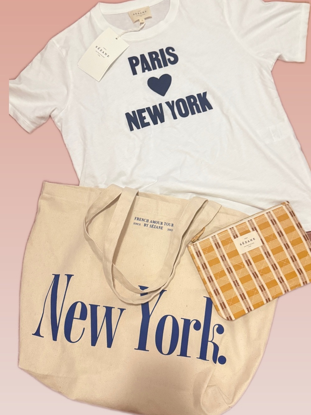 Sezane Limited Edition Paris love NY Tee, Canvas and Pouch - NWT